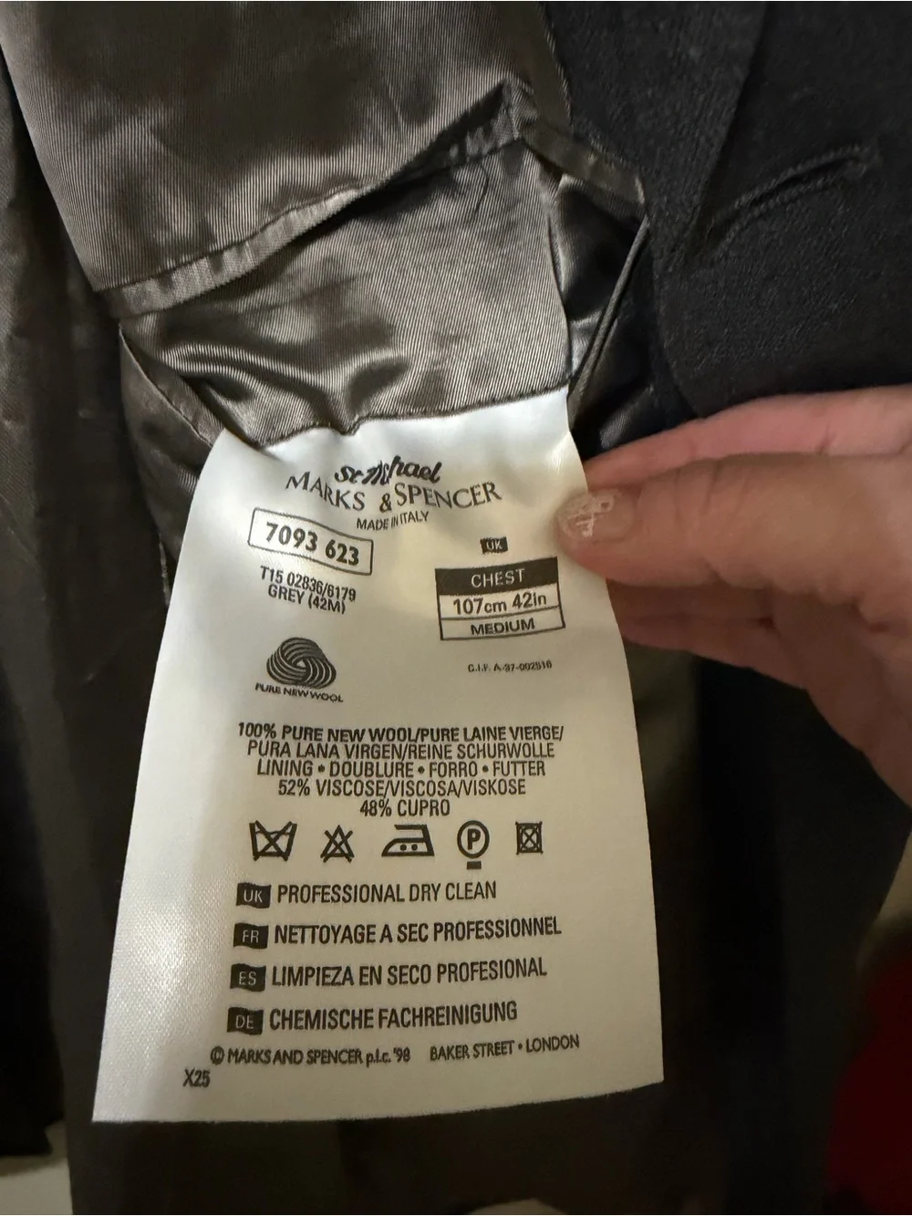 St Michael Marks & Spencer Italian Classic Gray Tailored Jacket merino wool 42r